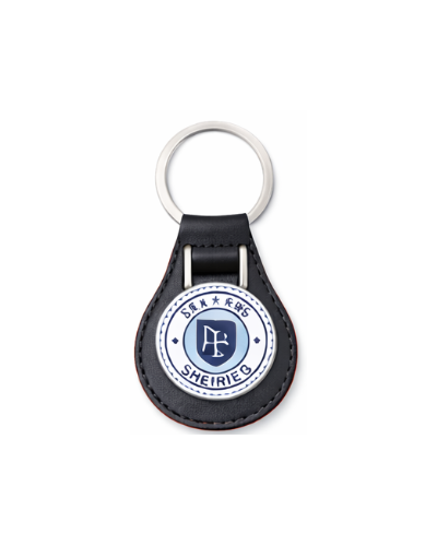 Leather keychain with metal badge, custom-made